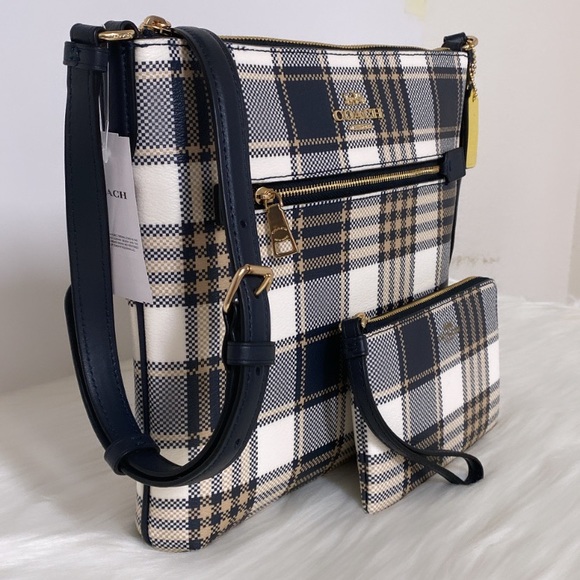 NWT💃Coach Bundle Rowan File Bag With Garden Plaid And Corner Zip Wristlet - Picture 2 of 10